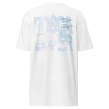 Back view of a t-shirt in white. Oversized stacked lettering spelling "ROSCAELIFER" fills the upper back, the letterforms knocked out of a pale blue cloudscape. A numbered index runs alongside it in small grey type, from "01 ORDER" through "06 EXECUTIVE", with fine print reading "a porcelain standard" and "case status: open". An airy, editorial, graphic-forward layout.
