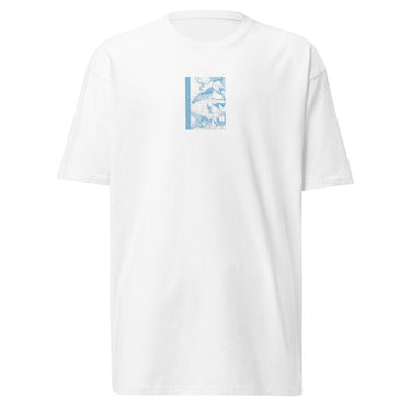 Front view of an t-shirt in white. Design is a bitmapped illustration of Seed from Zenless Zone Zero, in a small centered rectangular graphic on the chest. The graphic is composed of light tones.