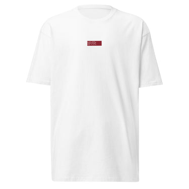 Front view of an t-shirt in white. Design is a small, embroidered red patch on the left chest featuring the white line art of an Astral Express ticket from Honkai: Star Rail.