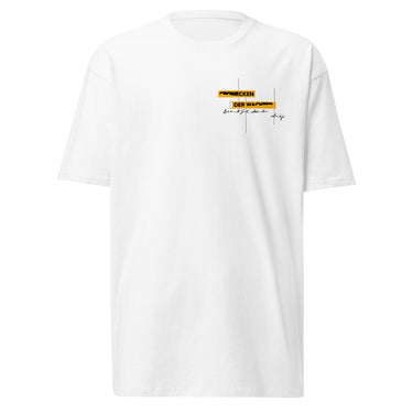 Front view of an t-shirt in white. Design is positioned on the upper left chest. Design features a yellow rectangular label reading “CONNECKEN,” smaller text “DER WÄCHTER,” and fine white script lines and coordinates below it.