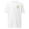 Front view of an t-shirt in white. Design features a small graphic on the left chest. The graphic has the phrase "Pillar of Stone" stacked word on word in all caps. The word "Pillar" is highlighted in yellow.