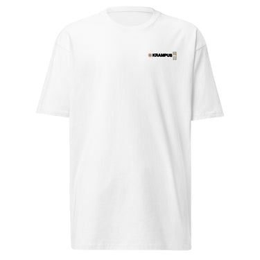 Front view of an t-shirt in white. A minimalist design placed on the upper left chest shows a compact arrangement of small graphic elements, including a circular icon, the word “KRAMPUS” in bold, and a narrow vertical block with stylized symbols.