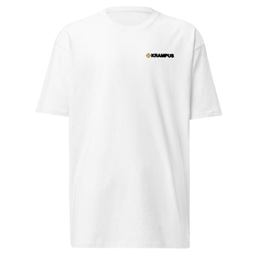 Front view of an t-shirt in white. A minimalist design is placed on the upper left chest, featuring a compact arrangement of graphic elements. The word “KRAMPUS” appears in small white uppercase lettering, paired with a circular gold icon to its left. 