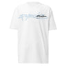 Front view of a t-shirt in white. A stylized wordmark across the chest paired with a small emblem-style logo, layered over faint scratchy handwritten script, with a single legible line reading 'the rays of the sun warms me so' beneath it.