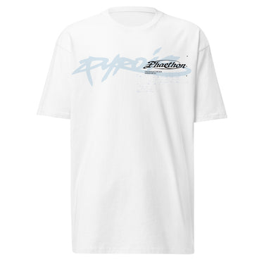 Front view of a t-shirt in white. A stylized wordmark across the chest paired with a small emblem-style logo, layered over faint scratchy handwritten script, with a single legible line reading 'the rays of the sun warms me so' beneath it.