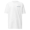 Front view of a t-shirt in white. Small tonal chest lockup reading "External" above "STRATEGY DEPT." in pale blue and soft grey, set in a condensed bold sans with tiny wing and crosshair marks. A low-contrast print that sits close to the fabric.