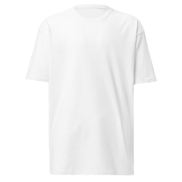 Front view of a t-shirt in white. Left plain with no print on the front, the graphic sits entirely on the back of the garment.