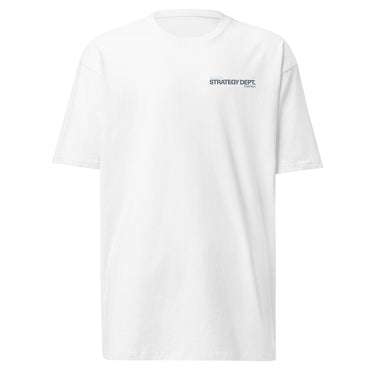Front view of a t-shirt in white. A small right-chest graphic in slate grey and pale blue reads 'External' above 'STRATEGY DEPT.', with 'Chief Tech' beneath, set in condensed technical type flanked by tiny aircraft glyphs.