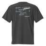 Back view of an oversized tee in black. Design is a structured typographic design across the upper back. The composition features a numbered sequence from one to six, each paired with Latin or pseudo-Latin text. The layout is horizontal with thin dividing lines and varied type treatments, creating a grid-like visual system.
