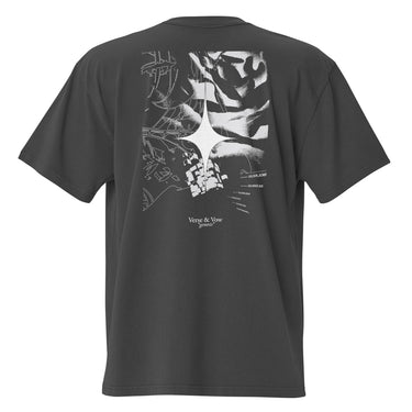 Back view of an oversized tee in black. The design showcases a large, intricate graphic centered on the upper back. A radiant, four-point star form sits in the middle, surrounded by fragmented abstract shapes, and faint technical linework. Scattered numbers and coordinates appear along the right side, adding a coded, data-driven atmosphere. At the bottom of the composition, serif text reads “Verse & Vow,” followed by the word “genesis” in delicate handwritten script.