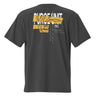 Back view of an oversized tee in black. A large graphic composition spans the upper back, dominated by the phrase “PURGE UNIT” in bold white uppercase text. Horizontal gold bands cut across the lettering, partially obscuring it while revealing fine black line illustrations that resemble a mechanical robot. To the right of the main composition, smaller text reads “TYPE 0,” accompanied by a vertical column of numbers arranged like a technical index.
