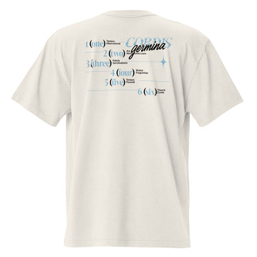 Back view of an oversized tee in white. Design is a structured typographic design across the upper back. The composition features a numbered sequence from one to six, each paired with Latin or pseudo-Latin text. The layout is horizontal with thin dividing lines and varied type treatments, creating a grid-like visual system.