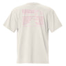 Back view of an oversized tee in faded bone. The design includes stylized text at the top reading ‘ODES As I’ve Written’ with a small decorative image beside it. Below this header, a grid-like arrangement lists words in Roman numeral order, such as ‘WORLD,’ ‘ROMANCE,’ ‘PASSAGE,’ ‘OCEAN,’ ‘DEATH,’ ‘SKY,’ ‘TIME,’ ‘EARTH,’ ‘TRICKERY,’ ‘LAW,’ ‘REASON,’ and ‘STRIFE.’ The typography mixes serif and decorative styles, giving the shirt a poetic, vintage-inspired aesthetic.