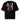 Back view of an oversized tee in black. HSR Evernight inspired design, featuring overlapping abstract linework in white, intersecting with solid block shapes in muted red and neutral tones. Bold calligraphic characters (長月夜) in traditional Chinese/Japanese kanji are placed prominently across the center, contrasting with the structured geometric background. 