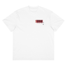 Front view of a box tee in white, flat. An off-centred chest graphic: the word 'THYME' in a large white font over a red rectangle, with red text reading "FIELD" underneath.