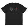 Front view of a box tee in black, flat. A graphic-forward arrangement of stylized sponsor-style logos fills the upper chest in two columns — featuring marks reading "ENCORE X," "the Tavern," "PUNCHLINE Tuning," "blocked. media management," "lies & palette Co.," "144," and "Engage," alongside a circular flame emblem. White and deep crimson lettering on black, blending streetwear with motorsport aesthetics.