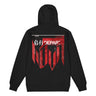 Back view of a zip hoodie in black. A large HUD-style graphic dominates the upper back, pairing a bold 'DEPART' wordmark with the stacked characters '启行' above a jagged red banner shaped like a torn transit map, its silhouette faintly tracing a figure's profile. Dense micro-typography runs down both sides in vertical blocks of English verse about starlight and a dead sun, framed by sunburst icons, a small red stamp reading '旅未终,' and a technical grid header labeled '2nd/SP.'