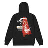 Back view of a Zip Hoodie in Black. a large back graphic centered on a jagged, torn-map style emblem in white with a glowing star burst at its center, layered over angled orange-red geometric panels resembling sail or flag fragments, alongside a bold two-line wordmark, a short block of descriptive text, and a smaller diagonal wordmark near the hem