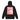 Back view of a zip hoodie in black. A large coral pink poster panel fills the upper back, printed with a stylized winged figure in soft tonal linework set against a bank of clouds. Horizontal white bars redact most of the text, leaving the words "she, who silences the ether" legible between them, with faint handwritten script and a small circular seal layered underneath. An expressive, editorial, graphic-forward composition.