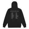 Back view of a zip hoodie in black. A large graphic fills the upper back, laid out like a concert tour poster. A wide display serif title reads "VARIATIONS OF A STELLAR TOUR" in white, with a small italic "robin" and "/summeretto" tucked beneath it and a ruled row of four era markers below that. Two columns of dated stops run down the rest in condensed capitals, the dates set in violet, with thin outlined starbursts drifting across the list.