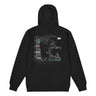 Back view of a zip hoodie in Black. A large collaged graphic fills the back: a ruled record card labelled "ONI BLOOD", "NAME" and "POSITION AND RANK" in small white capitals, its name line filled in with pink Japanese characters over a faint column of typewritten Latin plant names struck through with pink and teal highlighter bars. Beside it, an expressive white line drawing of a figure with a long bladed polearm sits over halftone shading and translucent dark panels.