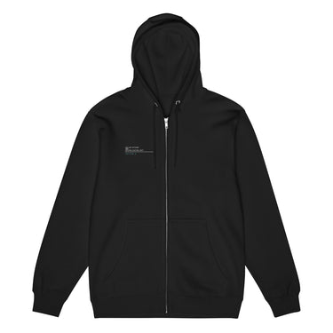 Front view of a zip hoodie in Black. A small block of type sits high on the chest: three lines of white monospaced capitals reading "HOLLOW AFFAIRS AND NEUTRALIZATION DEPT." above a thin white rule, with "SECTION 6" set beneath it in muted teal.