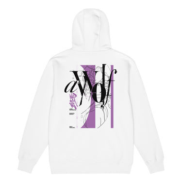Back view of a Zip Hoodie in White. Large expressive brush-script lettering reading "aWolf" spans the upper back, layered over a color-blocked stripe panel with fine linework illustration behind it. Beside it, a small graffiti-style character mark for "终焉" (Finality) sits next to vertical HUD-style readout text: "LOGIN SUCCESSFUL," "NO PATCH NOTES >>," and "INPUT FINALIZED..."