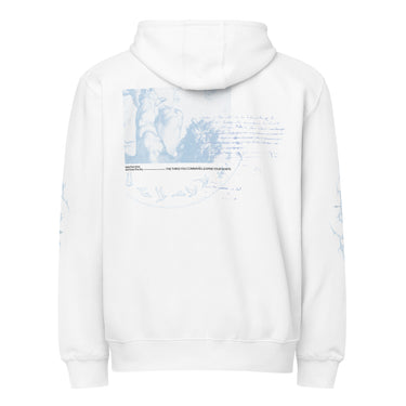 Back view of a zip hoodie in white. A large faded blue engraving-style illustration inspired by classical mythological painting dominates the panel, showing tumbling figures and horses caught mid-fall, framed by a circular arc of birds in flight. Below it, a line of text reads 'take the reins and lose the sky — the thing you command learns your shape,' surrounded by scattered handwritten annotations.