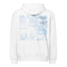 Back view of a zip hoodie in white. Oversized stacked lettering spelling "ROSCAELIFER" fills the upper back, the letterforms knocked out of a pale blue cloudscape. A numbered index runs alongside it in small grey type, from "01 ORDER" through "06 EXECUTIVE", with fine print reading "a porcelain standard" and "case status: open". An airy, editorial, graphic-forward layout.