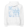 Back view of a zip hoodie in white. A large square collage in pale sky blue layers oversized fragmented lettering over clouds, handwritten script and geometric diagram lines. Numbered index strips read 'Total Unity', 'Genius-Villain Paradox' and 'Chain of Genesis', with smaller labels for 'experiment log' and 'tech status: unstable'. A thin border frames the panel, with the name set vertically down the left edge.