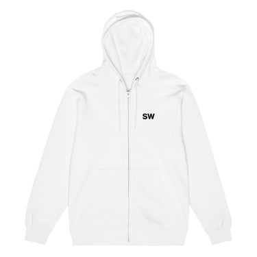 Front view of a Zip Hoodie in White. A small chest graphic reading "silvie" in a bold, hand-lettered signature style, framed by loose script strokes and star accents.