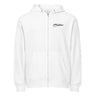Front view of a zip hoodie in white. A stylized wordmark across the chest paired with a small emblem-style logo, layered over faint scratchy handwritten script, with a single legible line reading 'the rays of the sun warms me so' beneath it.