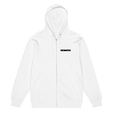 Front view of a zip hoodie in white. A bold 'DECIMATION' wordmark sits on the left chest in solid black type, with a small red sparkle accent stamped beside it.