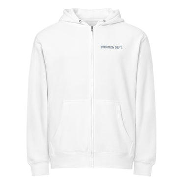 Front view of a zip hoodie in white. Small tonal chest lockup reading "External" above "STRATEGY DEPT." in pale blue and soft grey, set in a condensed bold sans with tiny wing and crosshair marks. A low-contrast print that sits close to the fabric.