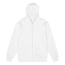 Front view of a zip hoodie in white. Left plain with no print on the front, the graphic sits entirely on the back of the garment.