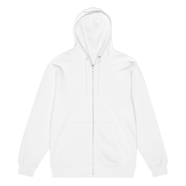 Front view of a zip hoodie in white. Left plain with no print on the front, the graphic sits entirely on the back of the garment.