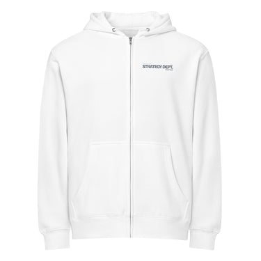 Front view of a zip hoodie in white. A small right-chest graphic in slate grey and pale blue reads 'External' above 'STRATEGY DEPT.', with 'Chief Tech' beneath, set in condensed technical type flanked by tiny aircraft glyphs.