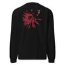Back view of an longsleeve in black. HSR Evernight inspired design shows a large abstract red flower graphic in the center. Above the flower, text reads “veil” with a red circular stamp containing a chinese character.