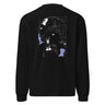 Back view of an longsleeve in black. Design features a large graphic showing a silhouette of Cerydra from Honkai: Star Rail, surrounded by abstract line art, handwritten text, strategic grid elements, and chess piece motifs in white and light blue.