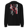 Back view of an longsleeve in black. HSR Evernight inspired design, featuring overlapping abstract linework in white, intersecting with solid block shapes in muted red and neutral tones. Bold calligraphic characters (長月夜) in traditional Chinese/Japanese kanji are placed prominently across the center, contrasting with the structured geometric background. 