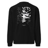 Back view of an longsleeve in black. The design showcases a large, intricate graphic centered on the upper back. A radiant, four-point star form sits in the middle, surrounded by fragmented abstract shapes, and faint technical linework. Scattered numbers and coordinates appear along the right side, adding a coded, data-driven atmosphere. At the bottom of the composition, serif text reads “Verse & Vow,” followed by the word “genesis” in delicate handwritten script.