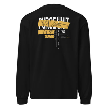 Back view of an longsleeve in black. A large graphic composition spans the upper back, dominated by the phrase “PURGE UNIT” in bold white uppercase text. Horizontal gold bands cut across the lettering, partially obscuring it while revealing fine black line illustrations that resemble a mechanical robot. To the right of the main composition, smaller text reads “TYPE 0,” accompanied by a vertical column of numbers arranged like a technical index.