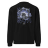 Back view of an longsleeve in black. A detailed blue-toned flower with soft gradients of indigo, slate blue, and muted lavender. Overlaid on the flower is stacked  text reading “DO YOU REMEMBER / STEP FORTH INTO THESE GENTLE FLAMES / I AM YOUR MEMORY.” Behind the flower, abstract vertical line shapes in a muted bluish-purple create depth and contrast without overpowering the main illustration. 