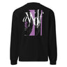 Back view of a Longsleeve in Black. Large expressive brush-script lettering reading "aWolf" spans the upper back, layered over a color-blocked stripe panel with fine linework illustration behind it. Beside it, a small graffiti-style character mark for "终焉" (Finality) sits next to vertical HUD-style readout text: "LOGIN SUCCESSFUL," "NO PATCH NOTES >>," and "INPUT FINALIZED..."