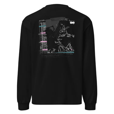 Back view of a longsleeve in Black. A large collaged graphic fills the back: a ruled record card labelled "ONI BLOOD", "NAME" and "POSITION AND RANK" in small white capitals, its name line filled in with pink Japanese characters over a faint column of typewritten Latin plant names struck through with pink and teal highlighter bars. Beside it, an expressive white line drawing of a figure with a long bladed polearm sits over halftone shading and translucent dark panels.
