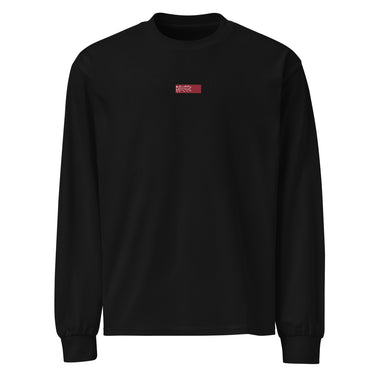 Front view of an longsleeve in black. Design is a small, embroidered red patch on the left chest featuring the white line art of an Astral Express ticket from Honkai: Star Rail.