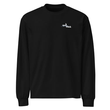 Front view of an longsleeve in black. Design features a small logo on the upper chest featuring the words "spook shack" in a stacked, stylized font, with abstract horizontal brush strokes layered behind the text.