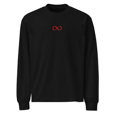 Front view of a longsleeve in black. A small red infinity-loop motif sits at the center chest as the only graphic — minimalist and restrained, with bold color contrast against the dark fabric.
