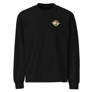 Front view of a longsleeve in Black. A small circular emblem sits on the left chest: a gold ring lettered "MIRACULUM IN CAELO NUMQUAM CADET" in white capitals, with a white winged spearhead standing through its centre and swept wings running out to either side.