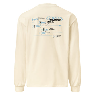 Back view of an longsleeve in white. Design is a structured typographic design across the upper back. The composition features a numbered sequence from one to six, each paired with Latin or pseudo-Latin text. The layout is horizontal with thin dividing lines and varied type treatments, creating a grid-like visual system.